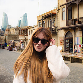 View of the Flame Towers from Baku Old City during a photo tour